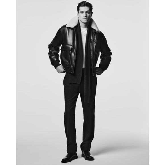 NWT ZARA Lamb Leather Bomber Jacket Mens XL Black Sherpa-Collar-Removable Zip - Picture 1 of 15